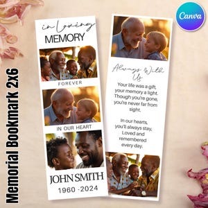 Puede incluir: Marcapáginas conmemorativo con fotos y texto. El marcapáginas presenta las palabras "in loving memory", "forever" e "in our heart". También incluye el nombre "John Smith" y los años "1960-2024".