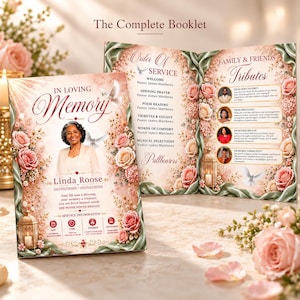 May include: A funeral program booklet featuring a portrait of Linda Roose, floral borders in shades of pink and green, and white doves. The text includes Order of Service, Family & Friends Tributes, and service details with icons for date, time, and location.