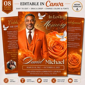 Può includere: Un modello di programma funebre con il ritratto di un uomo in abito arancione, rose arancioni e colombe bianche. Il testo include In Loving Memory, David Michael, 18 marzo 1962 - 12 ottobre 2025 e Greater Faith Community Church, 850 Harmony Lane, Atlanta, GA 30310.
