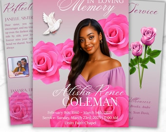 6 Pages Pink Rose Funeral Program Template, Bi-Fold Funeral Program, Obituary Celebration Of Life Program, Digital Download