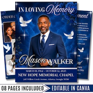 Puede incluir: Una plantilla de programa funerario con fondo azul profundo, rosas blancas, palomas volando y el retrato central de un hombre en traje. El texto incluye IN LOVING MEMORY, Mason WALKER, fechas y New Hope Memorial Chapel, Atlanta.