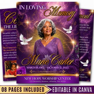 May include: A funeral program template featuring a portrait of a woman in a purple dress, with the text IN LOVING MEMORY, Marie Carter, March 18, 1962 - October 12, 2025, and New Hope Worship Center, 725 Serenity Avenue, Atlanta, GA 30310.
