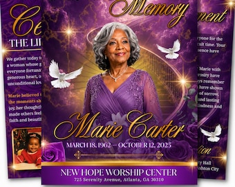 08 Pages Purple Funeral Program Template, Bi-Fold Funeral Program, Obituary Celebration Of Life Program, Digital Download