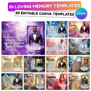 Peut inclure: Collection de 29 modèles Canva modifiables pour hommages commémoratifs. Les modèles présentent des portraits, des cadres élégants et des messages sincères. La palette de couleurs comprend des nuances de violet, de bleu et d'or, avec du texte tel que "Goodbye" et "Farewell."