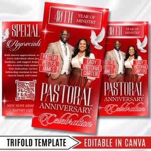 May include: A red trifold template for a pastoral anniversary celebration featuring a photo of a man and woman, white dove graphics, and text including 40th Year of Ministry, Pastor Petter James, Lady Victoria Carter, and a QR code.