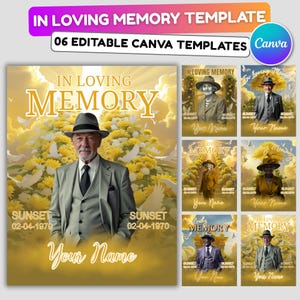 May include: A set of memorial announcement templates. The design features a man in a suit and hat, with the words "In Loving Memory" and "Your Name." The template includes six editable Canva templates with a sunset background.