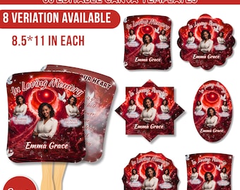 May include: A collection of memorial paddle fans in various shapes, featuring a portrait and the text "In Loving Memory" and "Emma Grace." The fans are 8.5 x 11 inches and come in 8 variations. The design includes a red and white color scheme.