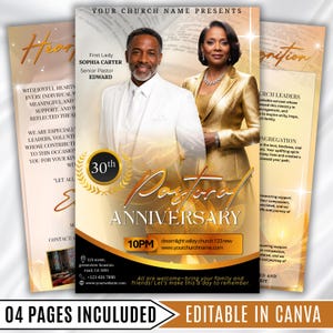 Peut inclure: Un modèle de dépliant pour anniversaire pastoral de quatre pages montrant un homme en costume blanc et une femme en blazer doré. Le design inclut des couronnes de laurier dorées, le texte 30th Pastoral Anniversary et des espaces pour les détails.