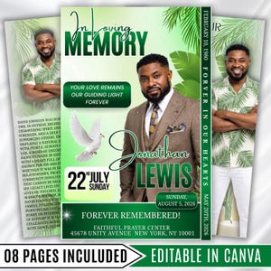 May include: A memorial announcement with a central portrait of a man in a suit, framed by text and images. The design includes the words "In Loving Memory," dates, and the name "Jonathan Lewis." The announcement is green and white.
