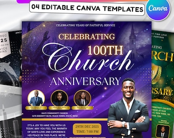 May include: A set of church anniversary flyers with a purple and gold theme. The flyers include text such as "Church Anniversary Flyers", "100th Church Anniversary", and event details. The image features a smiling man in a suit.