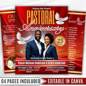 May include: A red and gold flyer for a Pastoral Anniversary service. The flyer features a photo of a man and woman in suits, doves, and the text "Pastor Michael Anderson & Grace Anderson." The flyer also includes the text "Celebrating 25 Years."