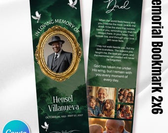 In Loving Memory Green Bookmark Canva Editable Template, Memorial Bookmark Template, Rest in Piece Bookmark Design,Funeral memorial Template