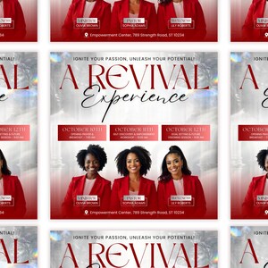 May include: A promotional flyer with the text "A Revival Experience" in a stylized font. The flyer features three women in red blazers, with event details including dates, times, and topics. The flyer also includes the address of the Empowerment Center.
