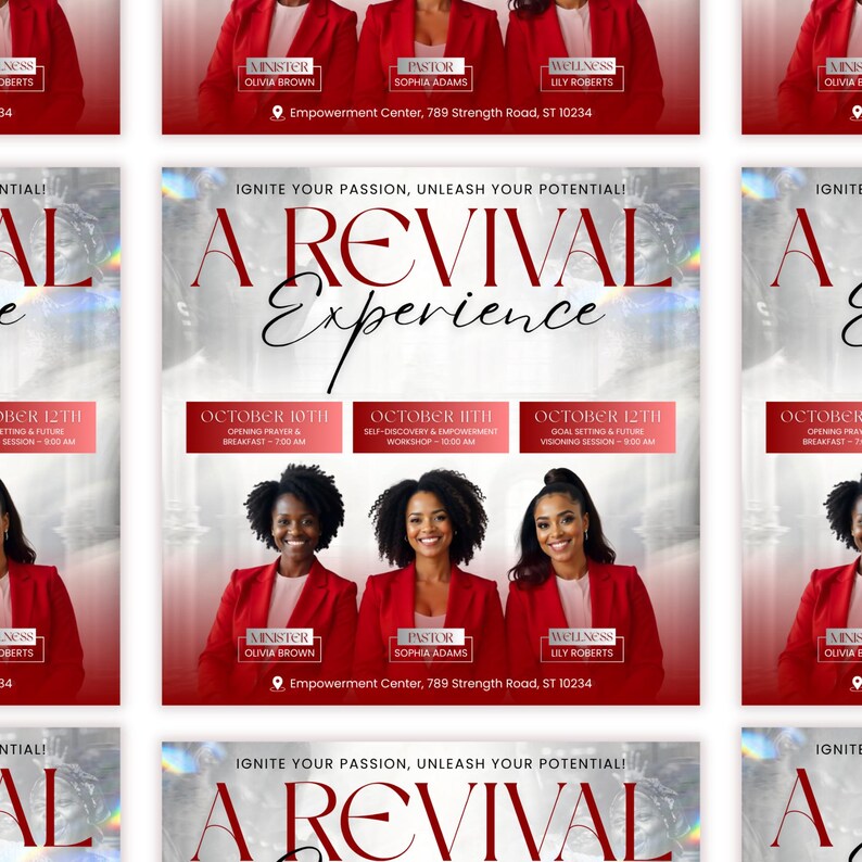 May include: A promotional flyer with the text "A Revival Experience" in a stylized font. The flyer features three women in red blazers, with event details including dates, times, and topics. The flyer also includes the address of the Empowerment Center.