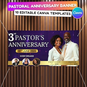 May include: A purple banner for a pastoral anniversary, featuring the text "3rd Pastor's Anniversary" and the date "20th June 2026." It includes images of a couple and guest speakers, with the words "First Lady" and "Pastor" displayed.