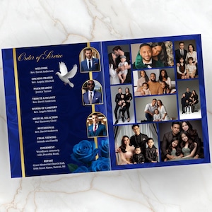 May include: A navy blue memorial service program with gold accents and family photos. The program includes the order of service, names, and locations. A dove graphic and blue roses are also featured.