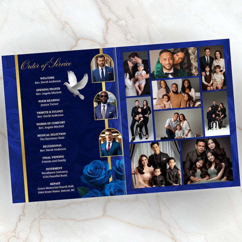 May include: A navy blue memorial service program with gold accents and family photos. The program includes the order of service, names, and locations. A dove graphic and blue roses are also featured.