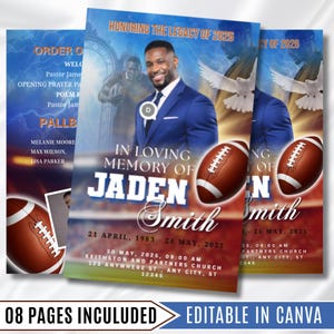 Peut inclure: Un programme commémoratif avec une photo d'un homme en costume bleu, des ballons de football et du texte. Le texte comprend "In Loving Memory of Jaden Smith" et des dates. Le programme est intitulé "Honoring the Legacy of 2025".