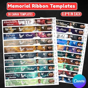 Puede incluir: Plantillas de cintas conmemorativas con 36 plantillas de Canva. Cada cinta mide 2 x 20 cm. Las cintas presentan nombres, fotos y frases como «Descansa en paz» y «Por siempre en nuestros corazones», con gráficos de palomas.