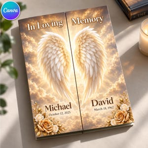 May include: A rectangular memorial plaque featuring two panels with a sky background, white angel wings, and gold roses. The text reads In Loving Memory, Michael October 12, 2025, and David March 18, 1962. The design includes golden light rays.