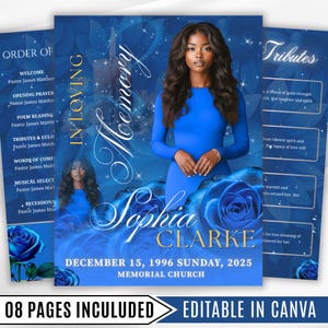 Könnte beinhalten: Ein Gedenkgottesdienstprogramm mit blauem Blumendesign. Das Programm zeigt ein Foto einer Frau in einem blauen Kleid, den Namen "Sophia Clarke" und das Datum 15. Dezember 1996 Sonntag, 2025. Der Text enthält "In Loving Memory" und "Memorial Church".