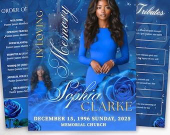 08 Pages Blue Roses Funeral Program Template, Editable Bifold 8.5x11” Design, Obituary Celebration Of Life Program, Digital Download