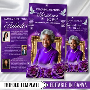 May include: A trifold memorial template in purple, featuring a photo of a woman, text, and purple roses. The text includes "In Loving Memory Christina Rose" and "Editable in Canva."