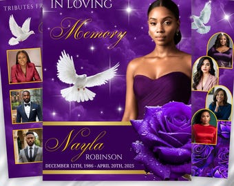 Plantilla de programa funerario morado de 8 páginas, programa funerario plegable, programa de celebración de vida con obituario, descarga digital.