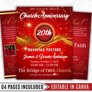Könnte beinhalten: Eine rote und goldene Einladung zum Kirchenjubiläum mit dem Text "20th" in einem kreisförmigen Design. Die Einladung ehrt die Pastoren James & Sarah Anderson. Enthält Datum, Uhrzeit und Ort der Veranstaltung. Die Worte "04 PAGES INCULUDED EDITABLE IN CANVA" sind ebenfalls sichtbar.