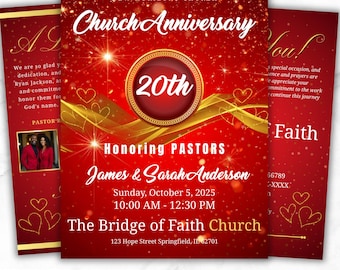 Red Church Anniversary Program Template, Editable Bifold 8.5x11” Design, Church Appreciation Program, Anniversary & Faith Celebration