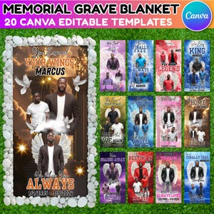 May include: A collection of 20 Canva editable memorial grave blanket templates. The main design features a photo of a man with angel wings, doves, and the text "You Earned Your Wings Marcus". Additional templates are displayed.