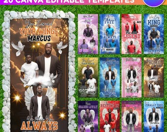 May include: A collection of 20 Canva editable memorial grave blanket templates. The main design features a photo of a man with angel wings, doves, and the text "You Earned Your Wings Marcus". Additional templates are displayed.