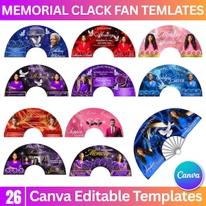 Może przedstawiać: Zestaw 26 edytowalnych szablonów wachlarzy pamiątkowych Canva. Wachlarze zawierają zdjęcia, tekst i elementy kwiatowe. Wachlarze są w odcieniach niebieskiego, fioletowego, czerwonego i różowego, z tekstem "In Loving Memory".