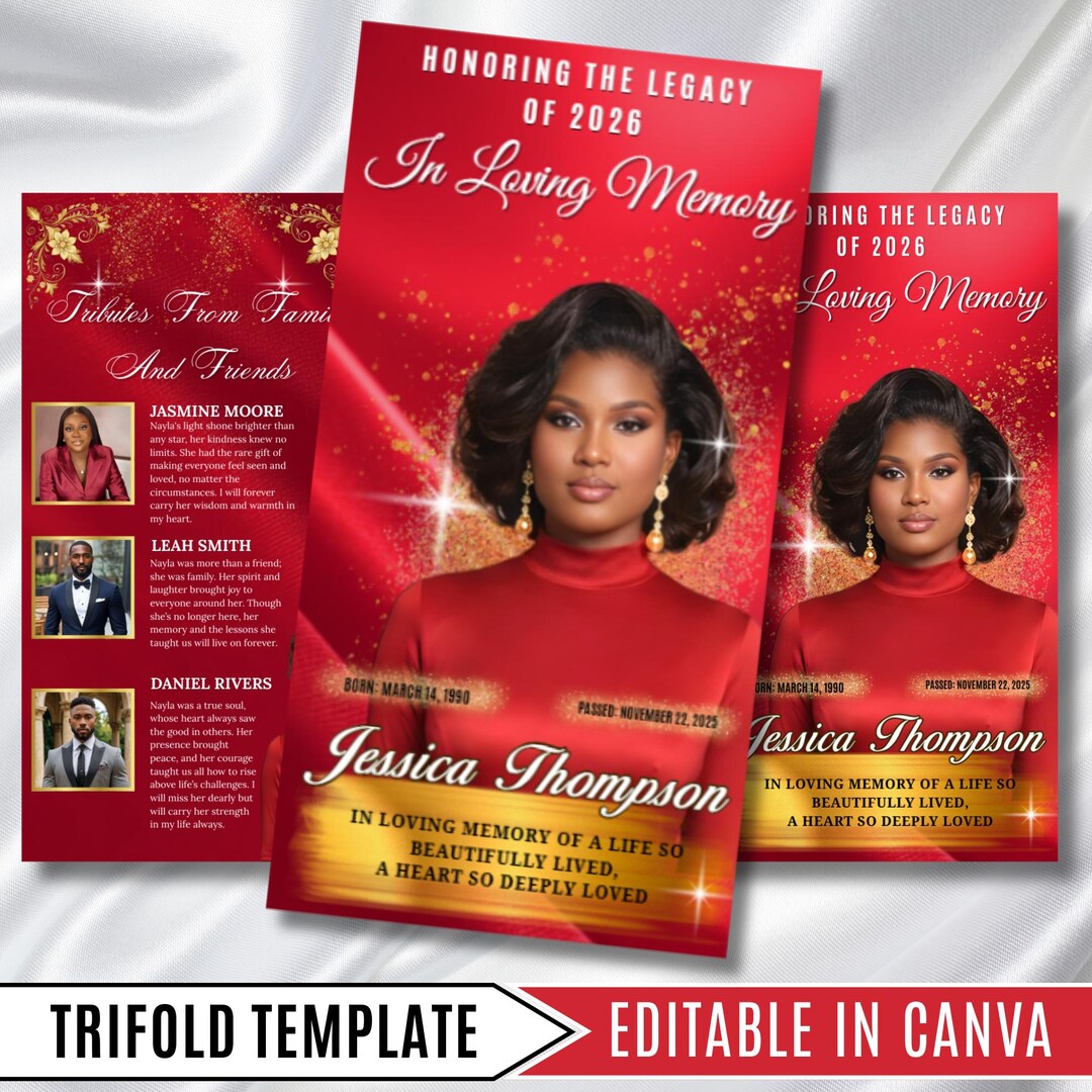 In Loving Memory Trifold Red Funeral Program Template, Trifold 17x11 ...