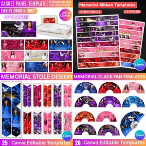 May include: A collection of memorial templates, including casket panels, ribbon designs, stoles, and fans. The templates feature floral and dove motifs, with text that reads "In Loving Memory." The casket panel is 31" x 14".