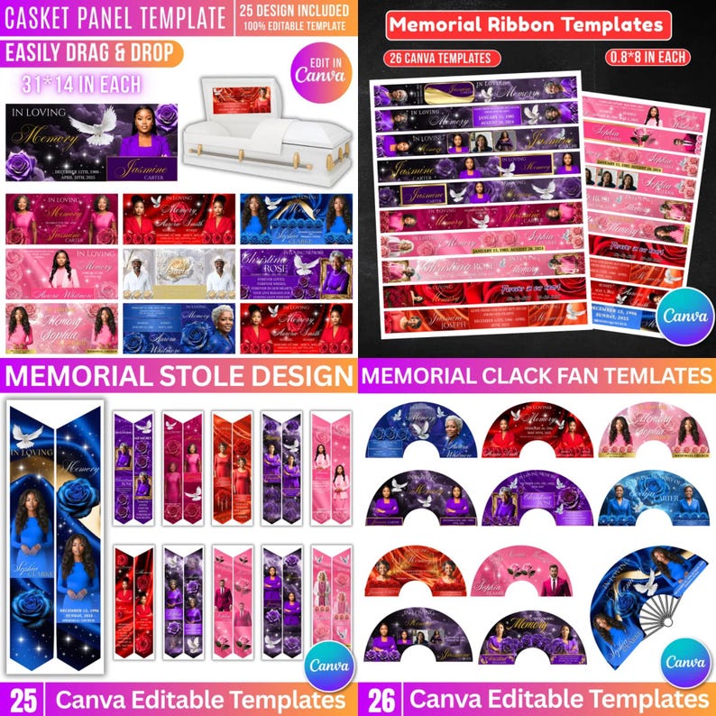 May include: A collection of memorial templates, including casket panels, ribbon designs, stoles, and fans. The templates feature floral and dove motifs, with text that reads "In Loving Memory." The casket panel is 31" x 14".