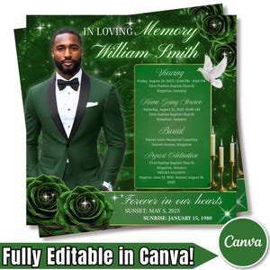 May include: A memorial card with a photo of a man in a green suit, a black bow tie, and a white pocket square. The card includes text: "In Loving Memory William Smith" and details for viewing, service, burial, and repast.
