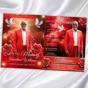 May include: A memorial service program with a red and white design. The program features a photo of a man in a red suit, doves, and roses. Text includes "Forever in Our Hearts," "In Loving Memory," and the name and dates of the deceased.