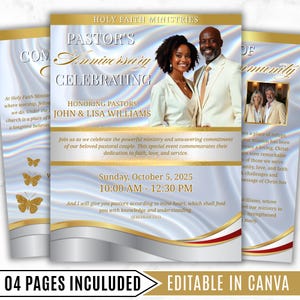 Peut inclure: Flyer pour Holy Faith Ministries, célébrant l'anniversaire du pasteur. La conception présente un couple, John et Lisa Williams, avec le texte incluant la date et l'heure de l'événement. Le flyer a une palette de couleurs or et blanc avec un accent rouge.