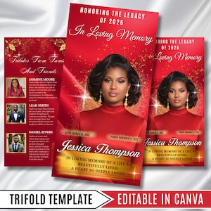 May include: A red funeral programme trifold template featuring a portrait of a person, the text Honoring the Legacy of 2026, In Loving Memory, Jessica Thompson, Born March 14, 1990, Passed November 22, 2025, and Tributes From Family and Friends.