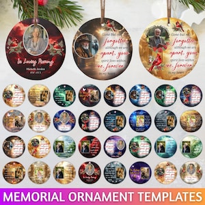 Puede incluir: Una colección de plantillas de adornos conmemorativos. Cada adorno redondo presenta una foto, texto y elementos decorativos como cardinales y diseños florales. El texto incluye frases como "In Loving Memory" y "Gone but not forgotten."