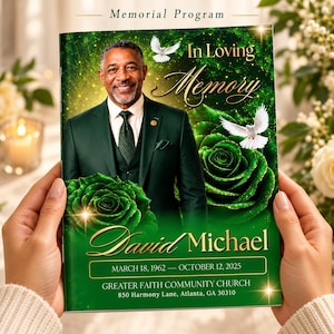 08 Pages Green Funeral Program Template, Bi-Fold (8.5x11 in) Memorial Booklet, In Loving Memory, Obituary Celebration Of Life Program