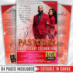 May include: A four-page digital flyer template for a 3rd pastoral anniversary celebration. The design features a red color scheme, a photograph of a couple in formal red attire, and text including Matthew 18:20 and event details.