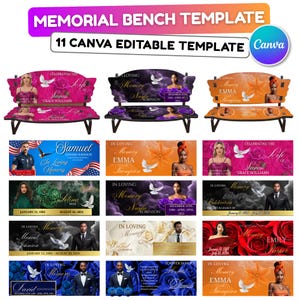 May include: A digital template set for memorial benches, featuring customizable designs with floral and portrait elements. The set includes 11 editable Canva templates, with text such as "In Loving Memory" and names.