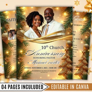 Może przedstawiać: Złote i beżowe zaproszenie na rocznicę kościoła ze zdjęciem uśmiechniętej pary. Tekst brzmi "10th Church Anniversary Honoring Pastor Michael Carter" ze szczegółami wydarzenia. Zawiera "04 PAGES INCULUDED" i "EDITABLE IN CANVA".