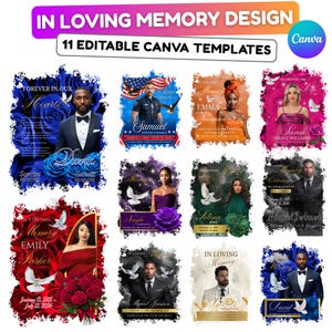 Può includere: Un design digitale con 11 modelli Canva modificabili per tributi commemorativi. Ogni modello presenta un ritratto circondato da composizioni floreali ed elementi decorativi, con il testo "In Loving Memory".