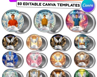 50 modelli di spille "Per sempre nel nostro cuore" modificabili su Canva, design di spille commemorative su Canva, spille "In ricordo di...", download digitale