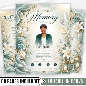 Pode incluir: Um modelo de programa funerário com o texto IN LOVING MEMORY e Zoe Harris, incluindo o retrato de uma pessoa com um blazer verde. O design apresenta arranjos florais em azul suave e branco, duas pombas brancas e duas lanternas douradas.