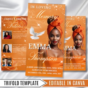 Puede incluir: Una plantilla tríptica con fondo naranja, que presenta a una mujer con un turbante naranja. El diseño incluye el texto "In Loving Memory" y "Emma Thompson", junto con fechas y la frase "Always Be Remembered."