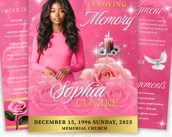 08 Pages Memorial Pink Funeral Program Template, Editable Bifold 8.5x11” Design, Obituary Celebration Of Life Program, Digital Download
